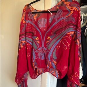 Free People Red and Blue Asymmetrical Long Sleeve Blouse
